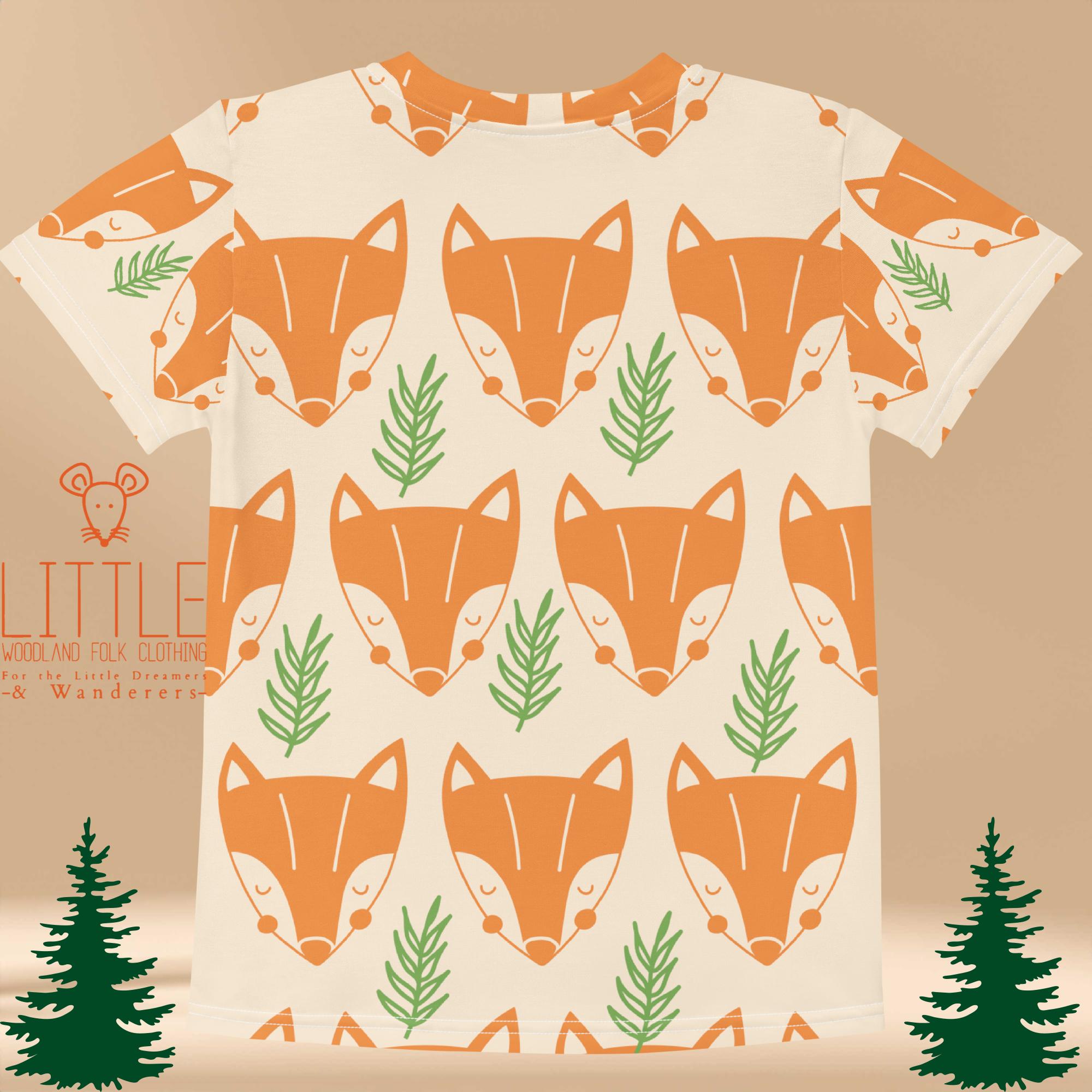 Little Woodland Fox - Kids All-Over Cotton Crew Neck T-Shirt (Non-Embroidered)