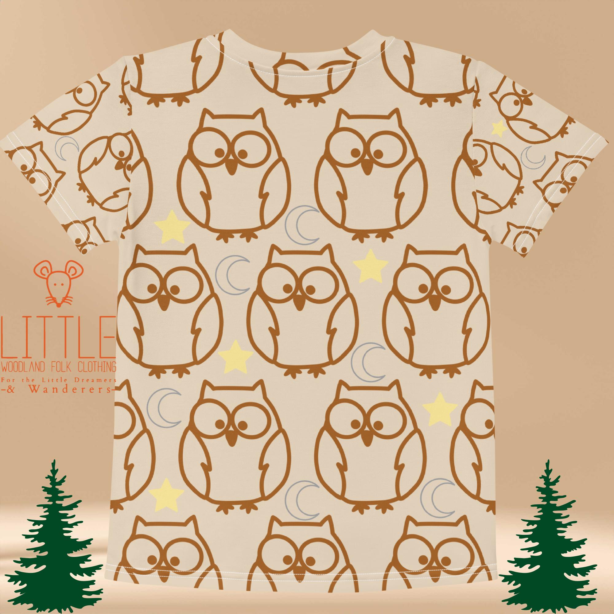 Little Woodland Owl - Kids All-Over Cotton Crew Neck T-Shirt (Non-Embroidered)