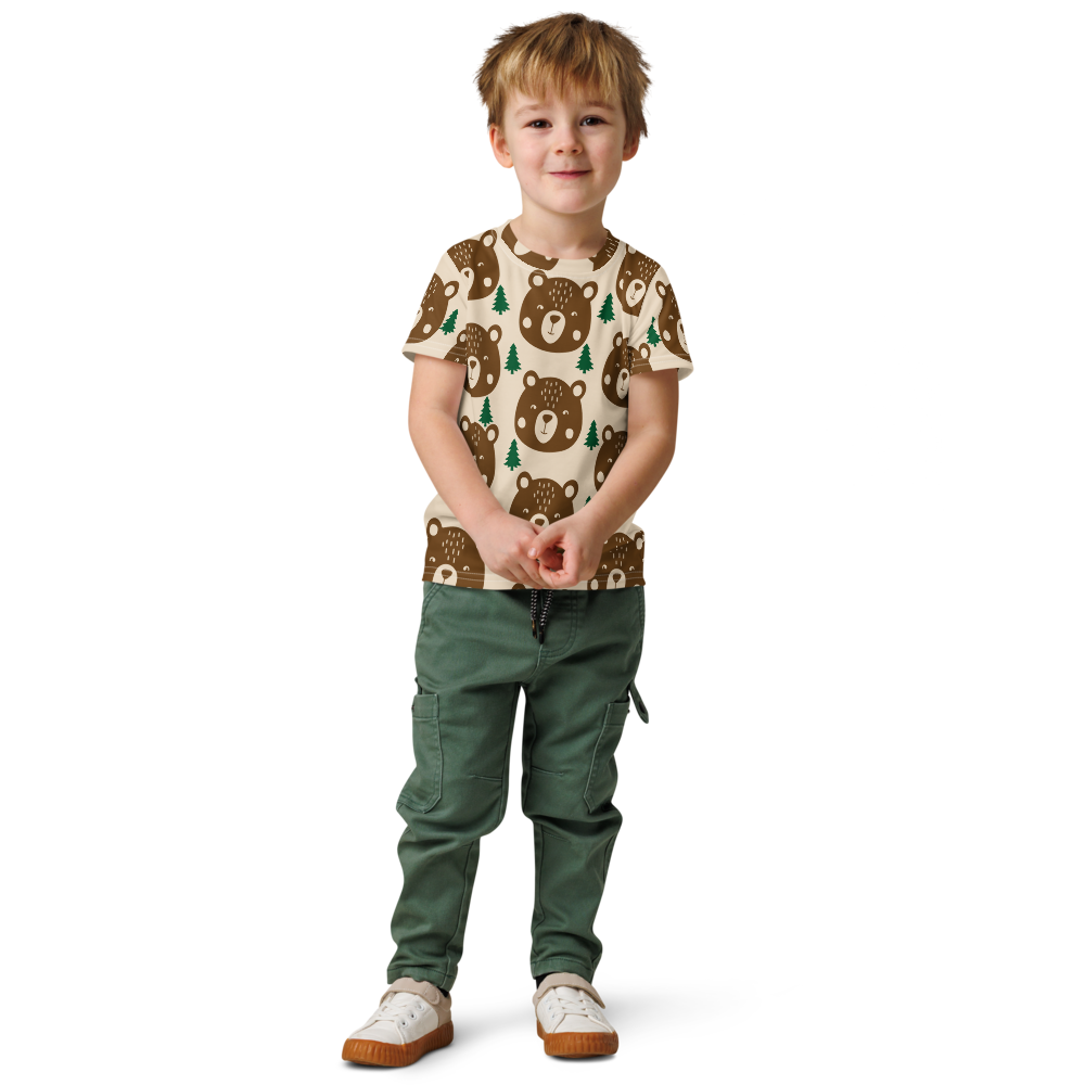 Little Woodland Bear - Kids All-Over Cotton Crew Neck T-Shirt (Non-Embroidered)