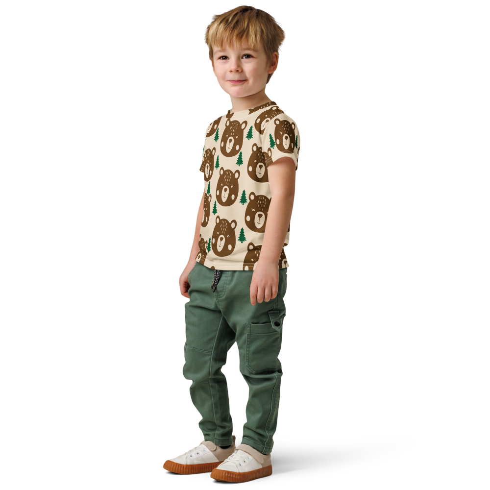 Little Woodland Bear - Kids All-Over Cotton Crew Neck T-Shirt (Non-Embroidered)