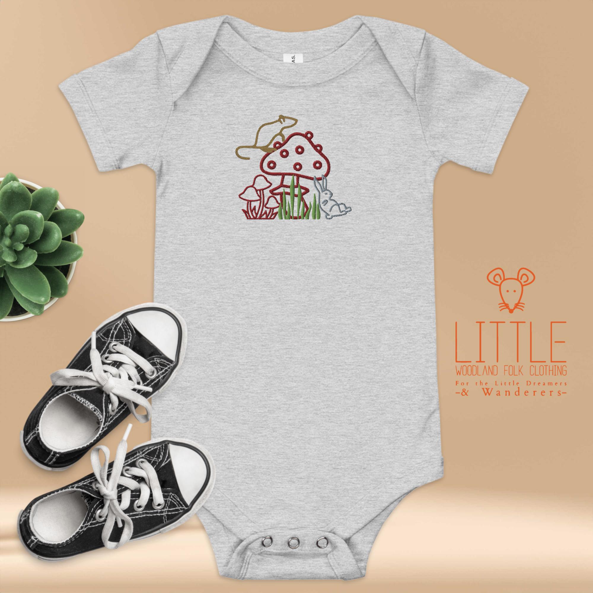 Little Woodland Mushroom Forest - Embroidered Cotton Baby Bodysuit