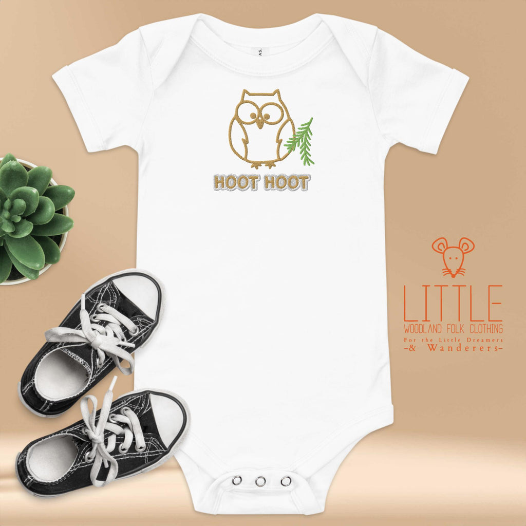 Little Woodland Owl HOOT HOOT - Embroidered Cotton Baby Bodysuit