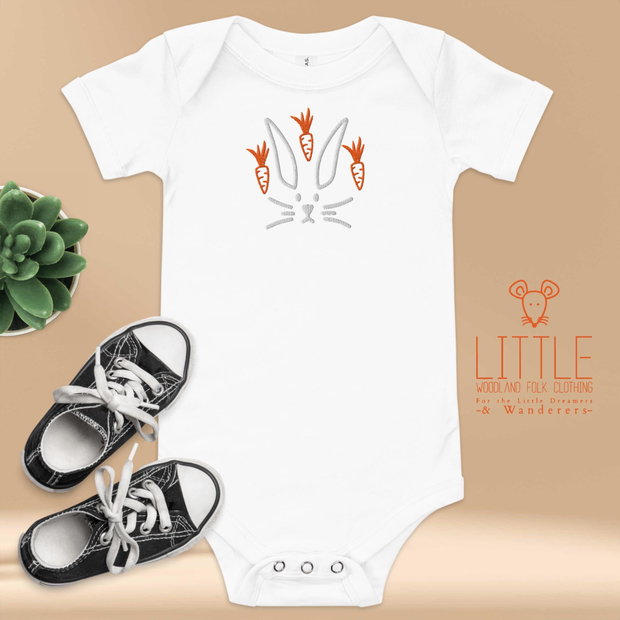 Little Woodland Rabbit Carrot - Embroidered Cotton Baby Bodysuit